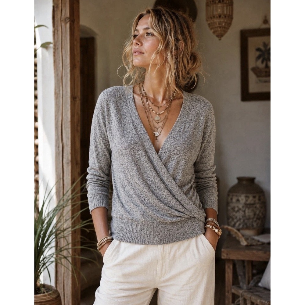 Anthropologie Gray Wrap Long sleeve plunge Sweater Women's Sz XS V-Neck Knit